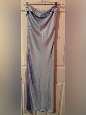 Realtix Pastel Blue Satin Tube Tops Backless Strapless Maxi Dress